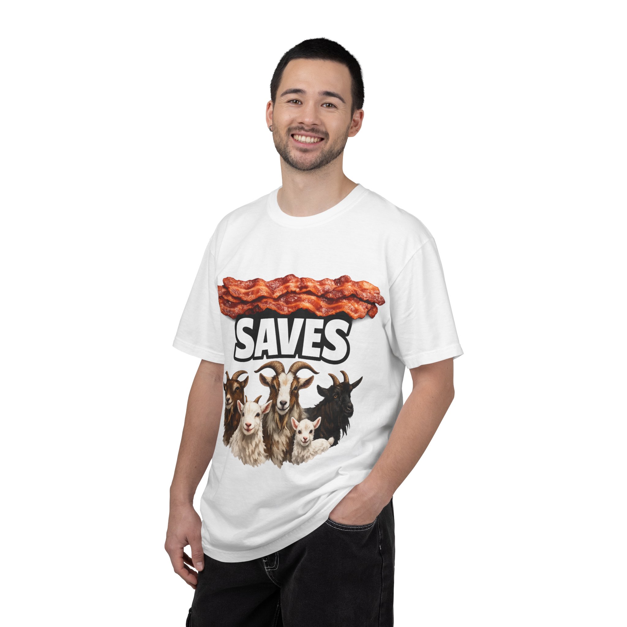 Bacon Saves goats T-shirt | Bacon and Goats Graphic Tee - Image 4